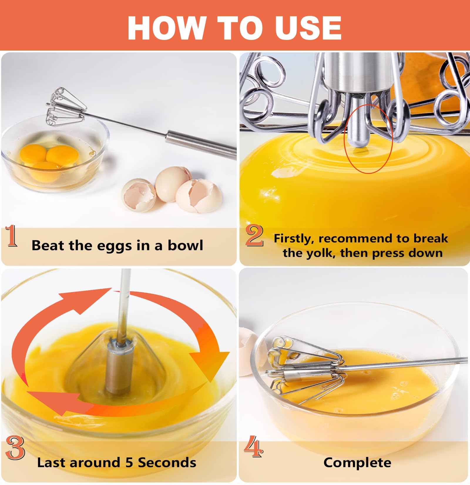 Egg Whisk Hand Push Whisk Blender, Stainless Steel Egg Beater Milk Frother Rotating Push Mixer Stirrer for Whisking Beating, Stirring - Image 4