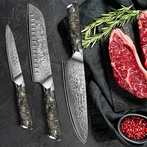 Miniatura 6 de Juego de cuchillos de chef de Damasco, juego de cuchillos de cocina profesionales, 3 cuchillos de chef afilados de 8 pulgadas, cuchillo Santoku de 7
