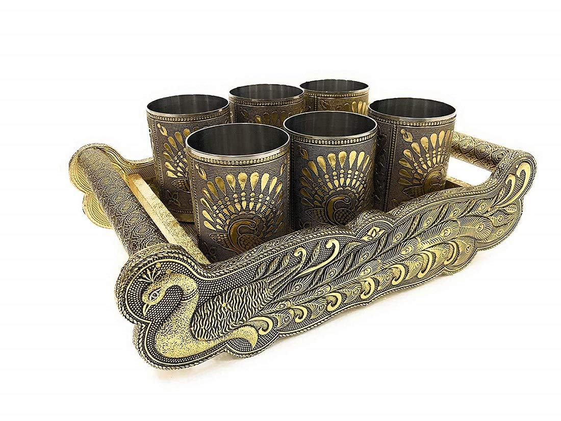 Indian Collectible - Juego de 6 bandejas de madera oxidadas para servir y 6 bandejas de cristal, de Handicraft Rajwadi Meenakari