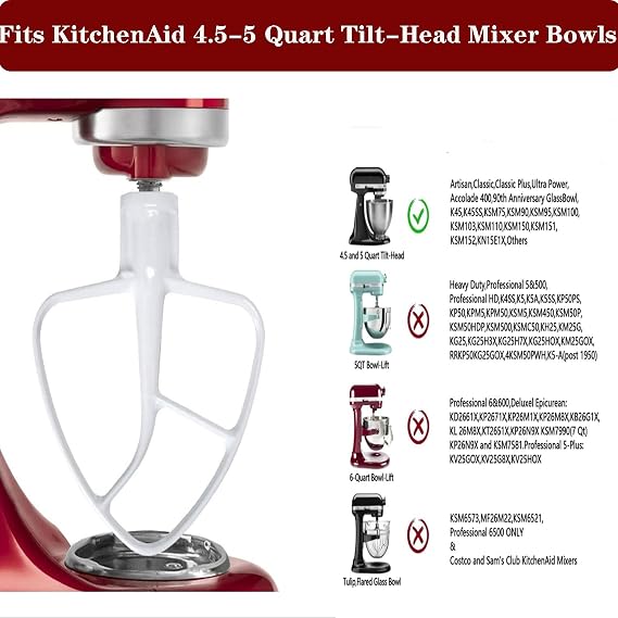 K45B コーティングフラットビーター ミキサー用KitchenAidパドルと互換性があり、KitchenAidアクセサリーとアタッチメント4.5-5クォートのチルトヘッドスタンドミキサー用、ホワイト