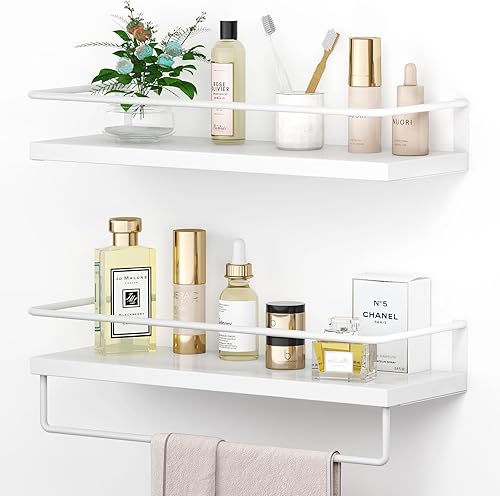 Miniatura 1 de Estantes flotantes blancos con toallero blanco  Juego de 2 estantes de baño colgantes montados en la pared, estantes decorativos para almacenamiento