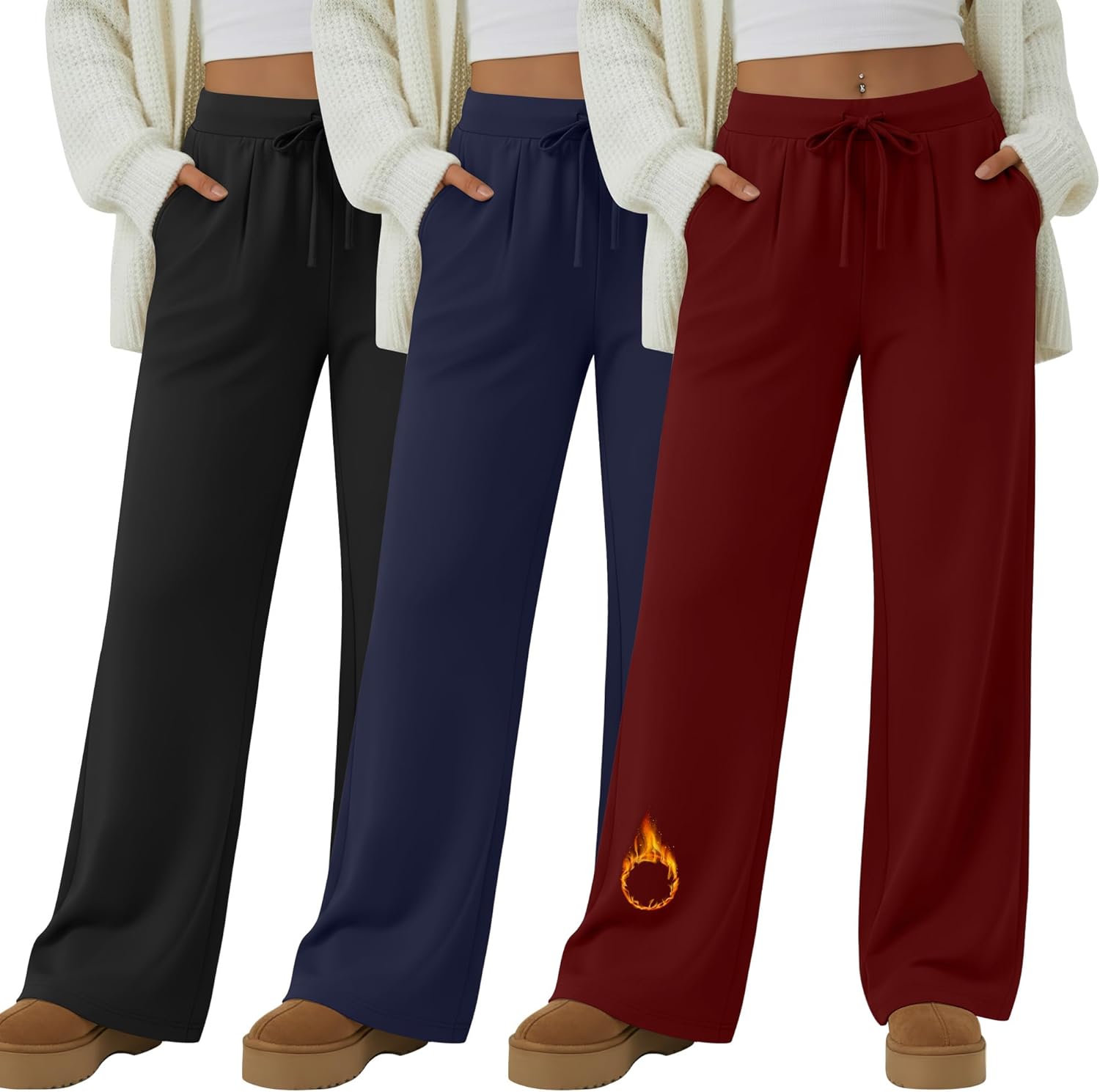 3 Pack Women's Fleece Lined Wide Leg Lounge Sweatpants Casual Thermal Drawstring Yoga Pants with Pockets
