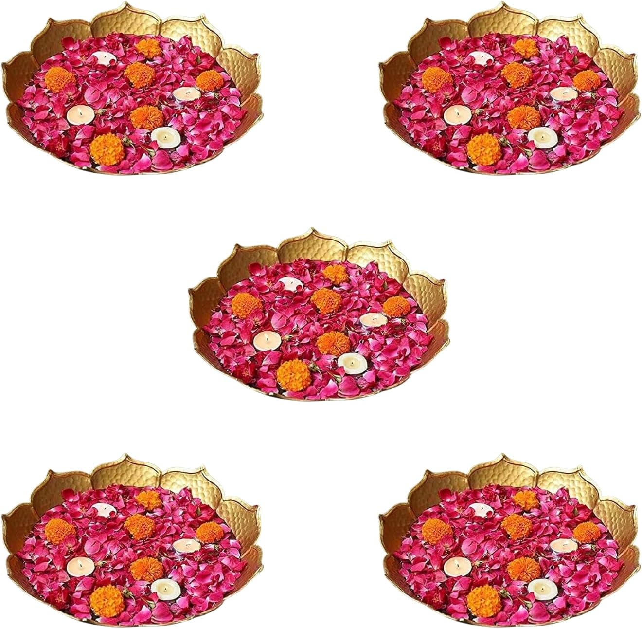 Gold Lotus Urli Bowl for Water Floating Flowers Pot and Tea Light Candles Holder, Traditional Metal Bowl for Wedding Pooja Home Office Table Diwali Decoration(Pack of 5)