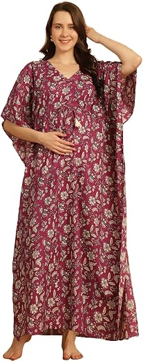 Secret Wish Purple Floral Print Cotton Maternity Kaftan Nighty/Free Size/Feeding/Nursing/Zipper/Drawstring/Printed/Full Le...