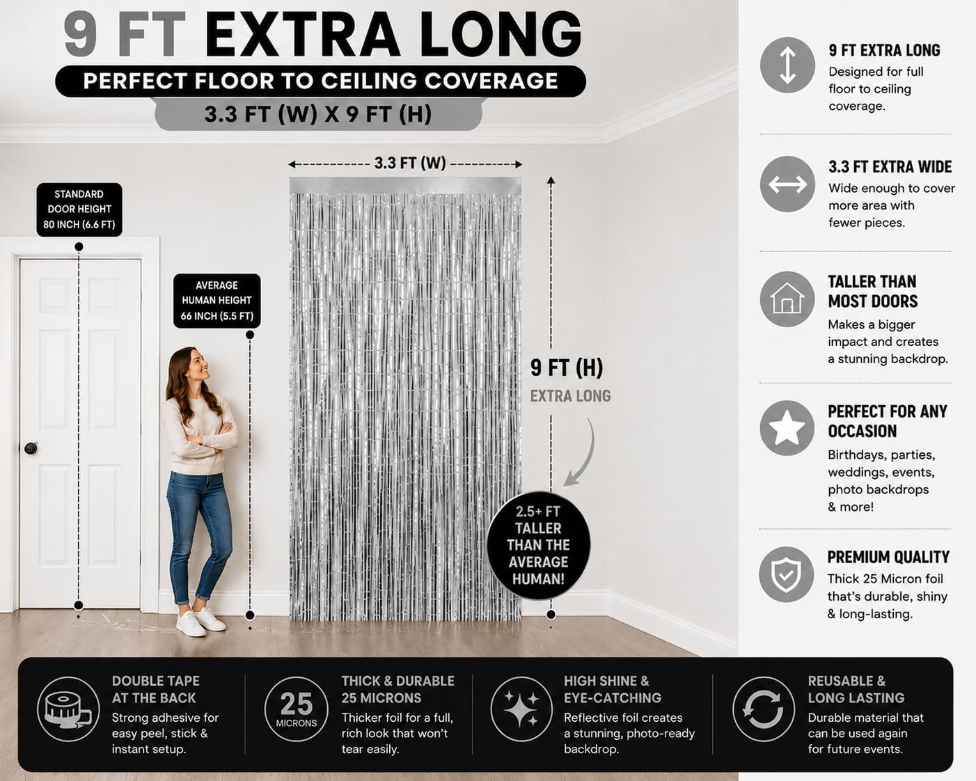 Silver Backdrop 2 Pack, Tinsel Backdrop 3x9FT with Birthday Banner, Silver Tinsel Foil Fringe Curtain for Birthday Party Decorations, Photo Booth Props, Party Supplies