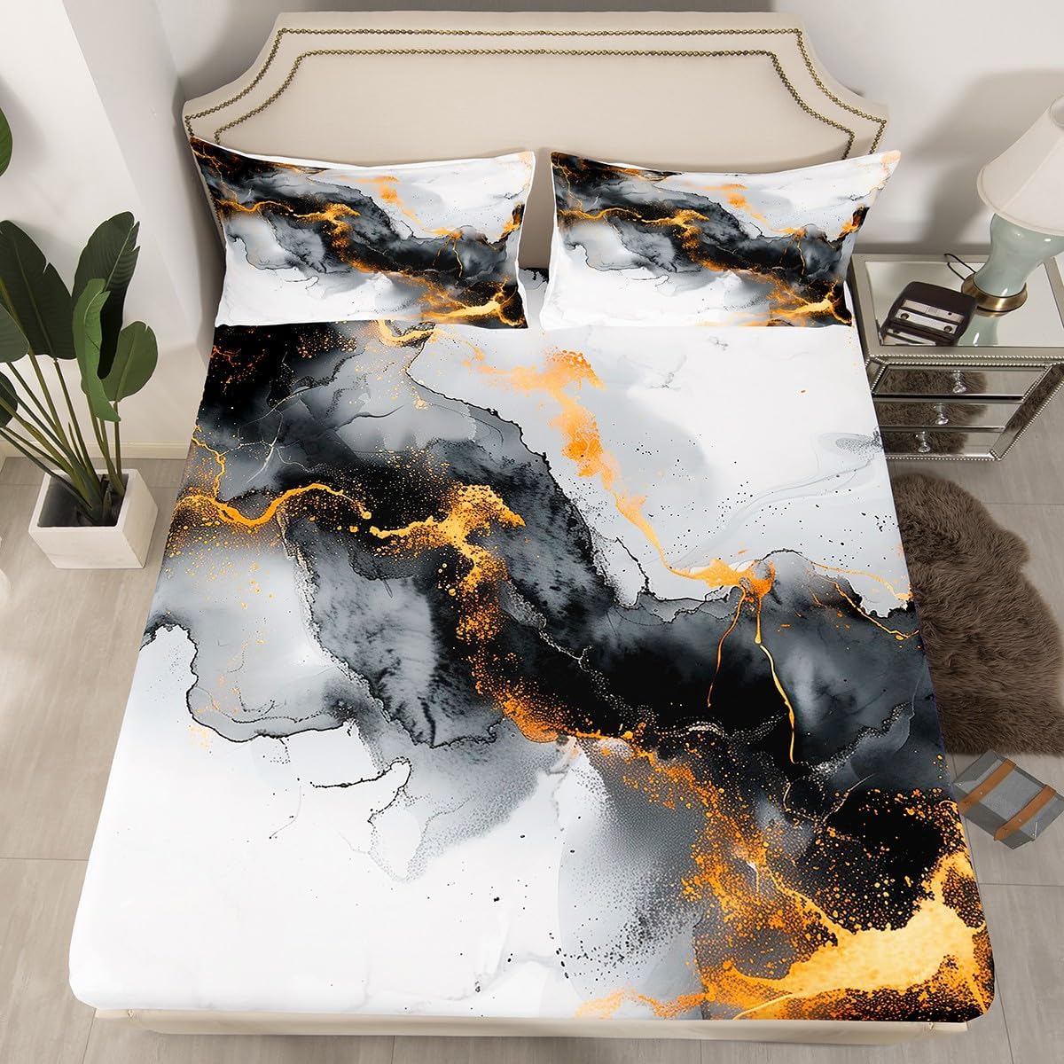 Erosebridal Black Orange Marble Full Fitted Sheet Watercolor Artwork Bedding, Abstract Foil Print Bed Sheets Aesthetic Marbling Bed Cover, Mountain Fluid Bed Set (Deep Pocket)
