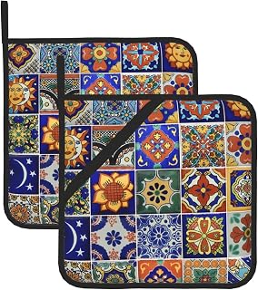 Talavera Mexican Tiles Pot Holders Sets, Kitchen Heat Resistant Potholders for Cooking Baking BBQ Grilling (2-Piece Sets)