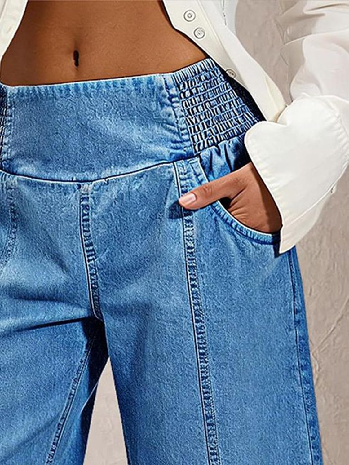 Flamingals Womens Bermuda Jean Shorts Pull On Elastic Waisted Long Denim Short Knee Length Casual Baggy Jeans Jorts