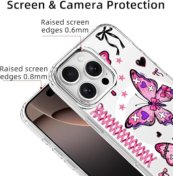 レトロ オリジナル Y2K ケース iPhone 16 Pro Max用 マグネット対応 ピンク 蝶 星 クリア 磁気電話ケース 女の子用 女性用 ソフト TPU ハードバック 耐衝撃保護ケース Apple 6.9インチ用