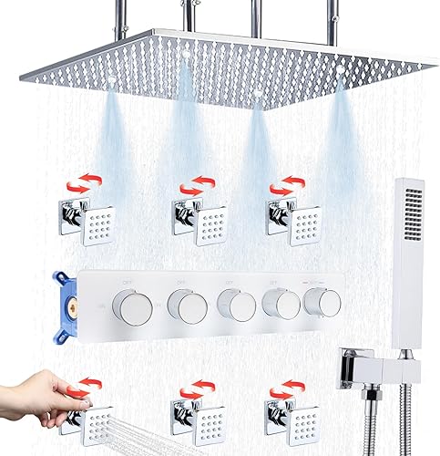 Miniatura 10 de Sistema de ducha de lluvia de cuerpo completo de 12 pulgadas, montaje en el techo, sistema de grifo de ducha de doble función, con cabezal de ducha