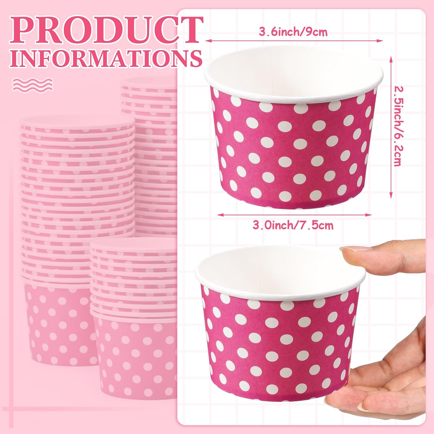 Zopeal 50 Count Hot Pink Polka Dot Ice Cream Cups Disposable Dessert Bowls image 4