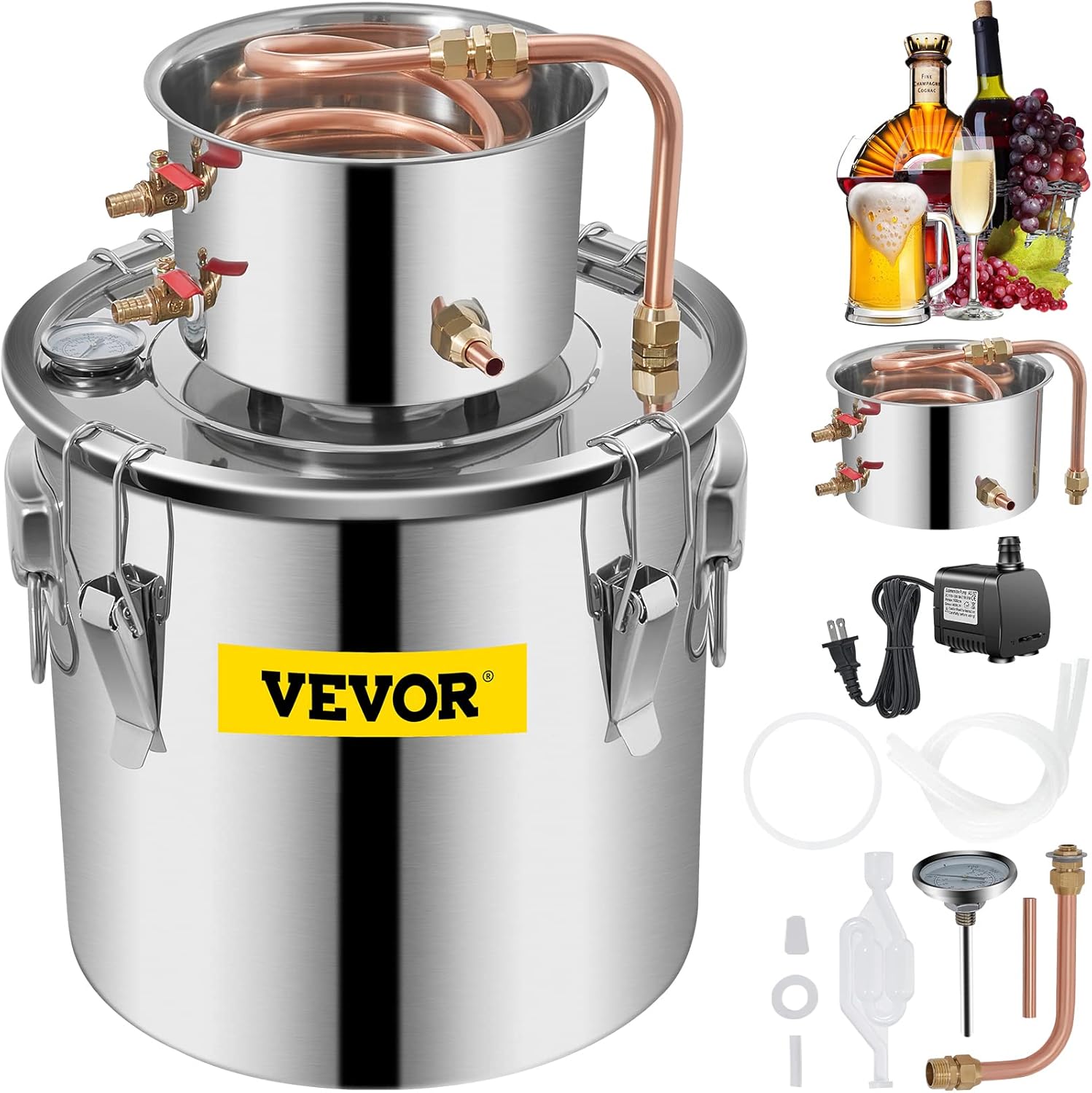 Assembled VEVOR Alcohol Still with all components visible, including the main pot, condenser, copper tubing, and water pump.