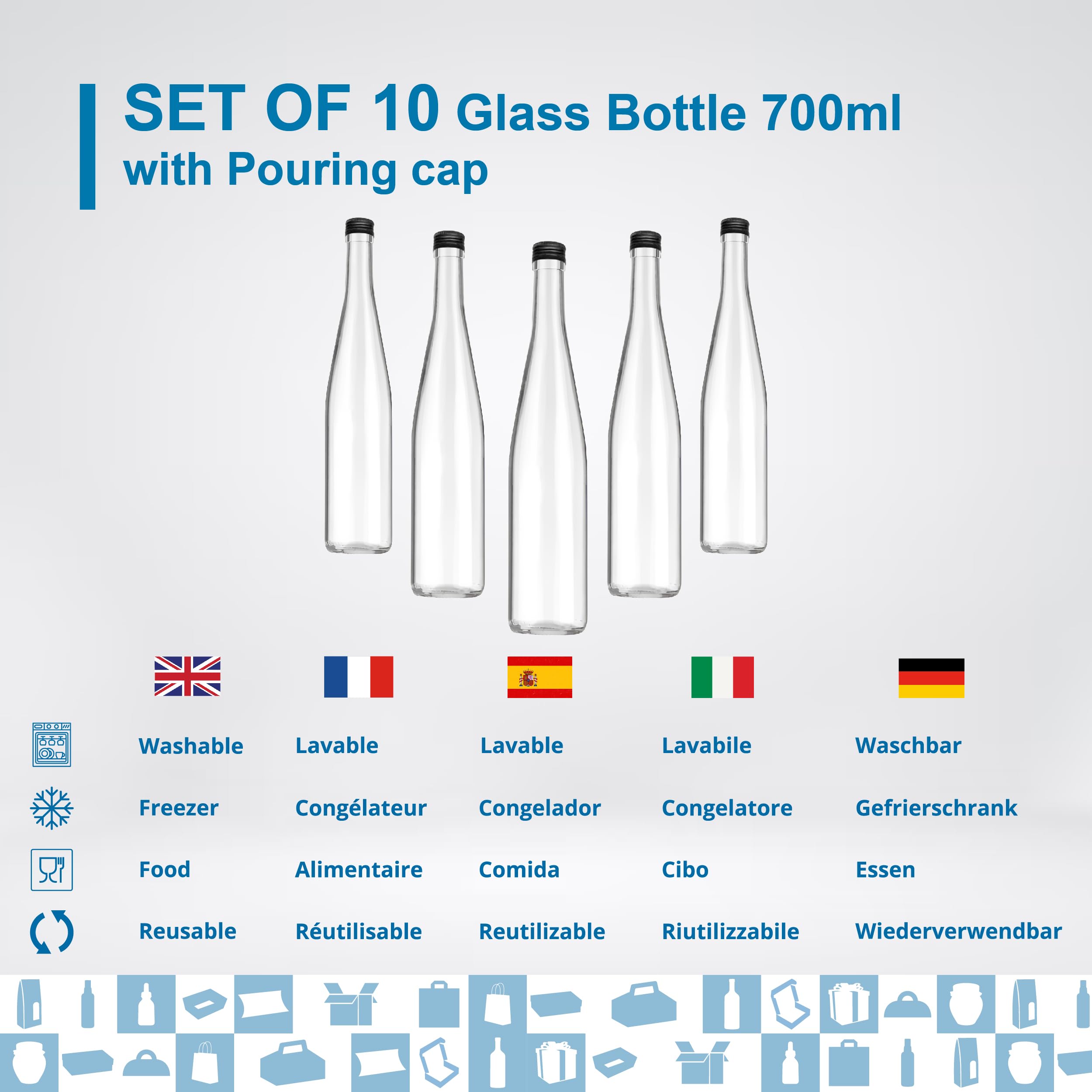 10 bottiglie in vetro da 700 ml con tappo a vite nero con beccuccio, ideali per bevande alcoliche come rum, whiskey, vodka, olio d'oliva, acqua e liquore