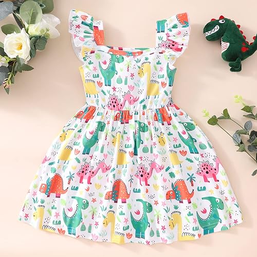 Miniatura 8 de Popshion Vestidos de niña con mangas con vuelo, vestido de verano para niños, fiesta de cumpleaños, sin mangas, vestido de 1 a 8 años