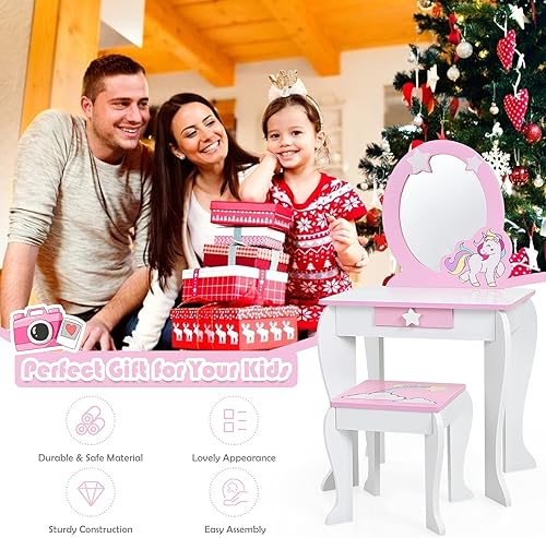 Miniatura 16 de KOTEK Tocador para niños con espejo y taburete, juego de tocador de madera de princesa 2 en 1 con parte superior desmontable y cajón de