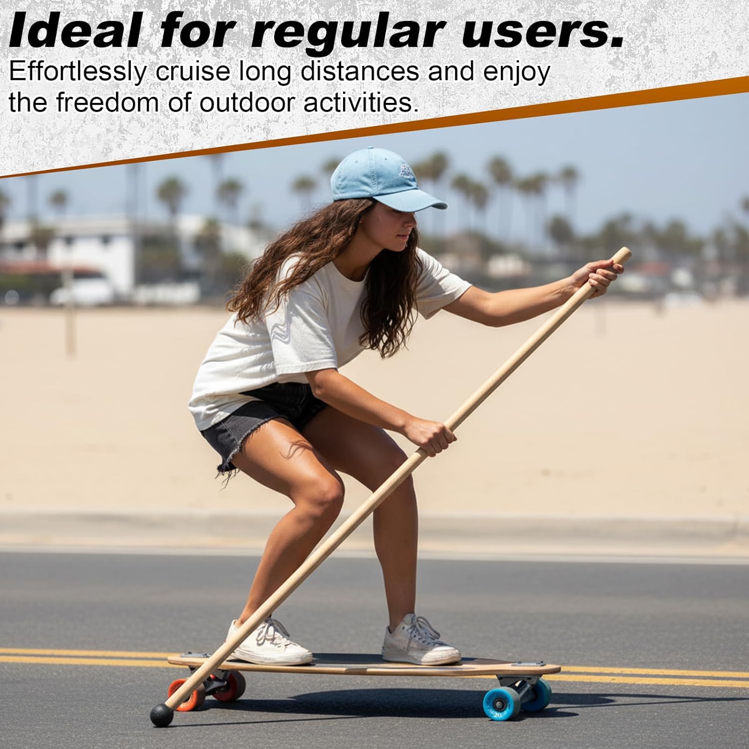 DaisyInner 5'6” Bamboo Land Paddle with Replacement Rubber Pusher Tip Bamboo Stick for Longboards Skateboard Brake and Turn Stand up Paddle Board (Sup) Cross Train Cruising and Carving