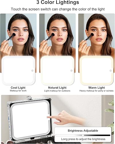 Miniatura 3 de Relavel Bolsa de maquillaje con espejo LED, caja de maquillaje de viaje con espejo iluminado recargable, organizador de brochas cosméticas,