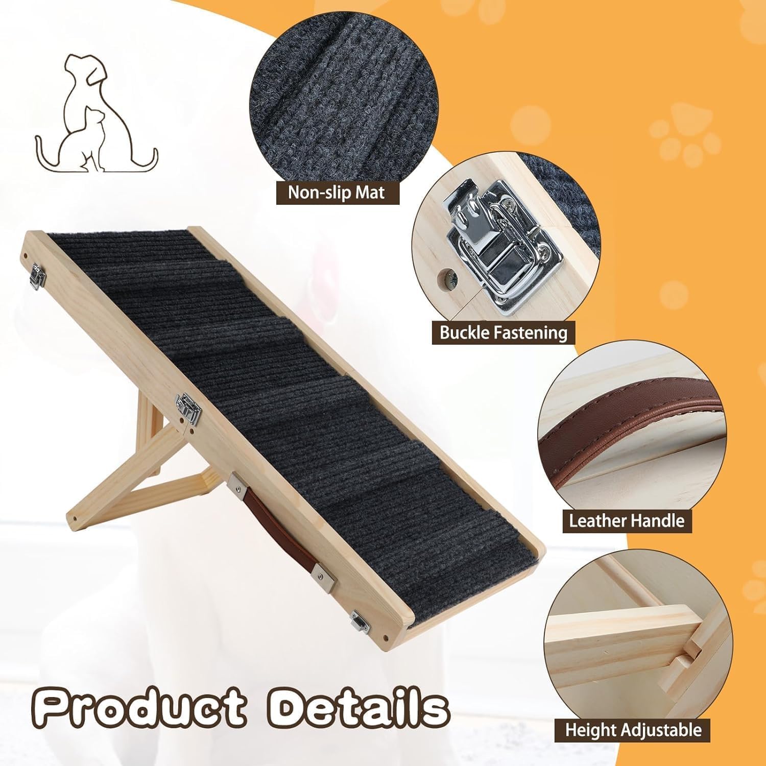 Wooden Adjustable Dog Ramp for Small Dogs, Folding Portable Doggie Ramp Rated for 55 LBS Adjustable 8.3"-17.3" Dog Ramp for Bed with Non-Slip Traction Mat