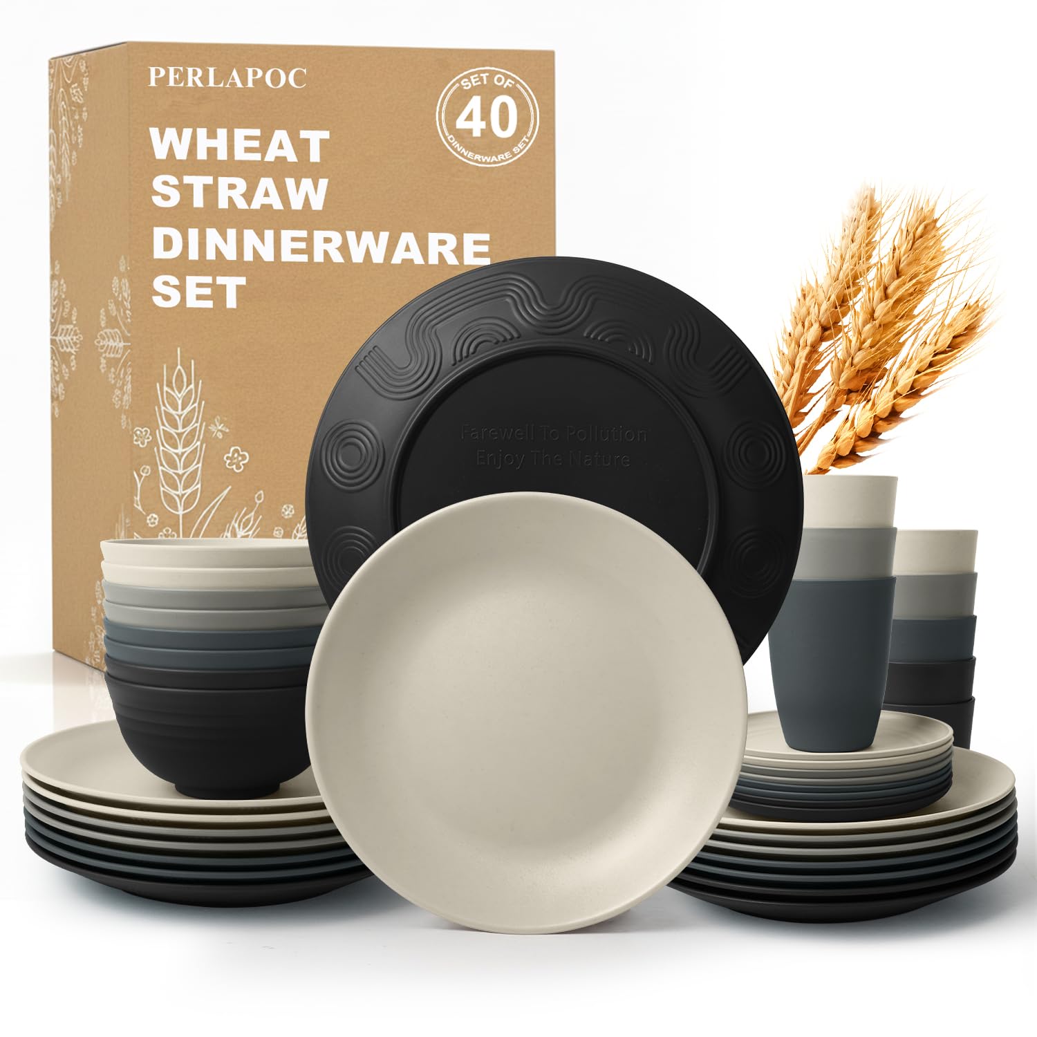Wheat Straw Dinnerware Sets 40 PCS - Unbreakable Plates and Bowls Sets for 8,Party Kitchen Camping RV Dishwasher &amp; Microwave Safe Modern Lightweight Dishware Sets - Black Grey