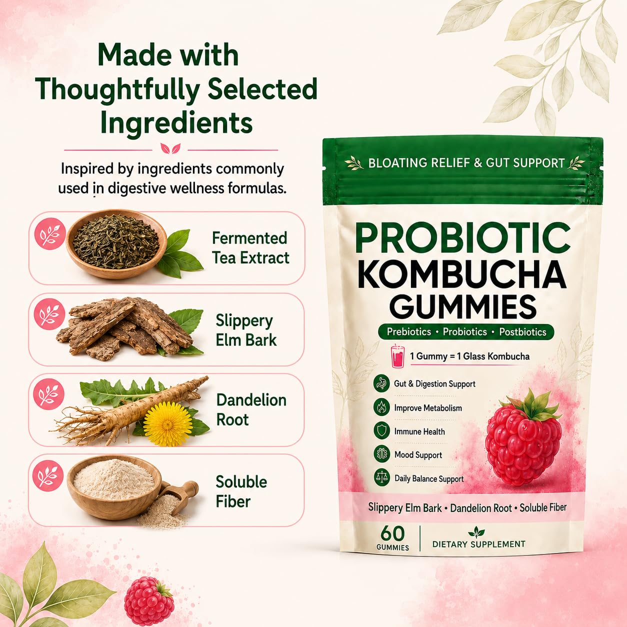 Evolia Probiotic Kombucha Gummies, Prebiotic Probiotic Postbiotic Formula, Digestive & Gut Health Support, Microbiome Balance & Digestive Comfort, Vegan, Non-GMO, 60 Gummies (1 Peak) — Amazon image 6