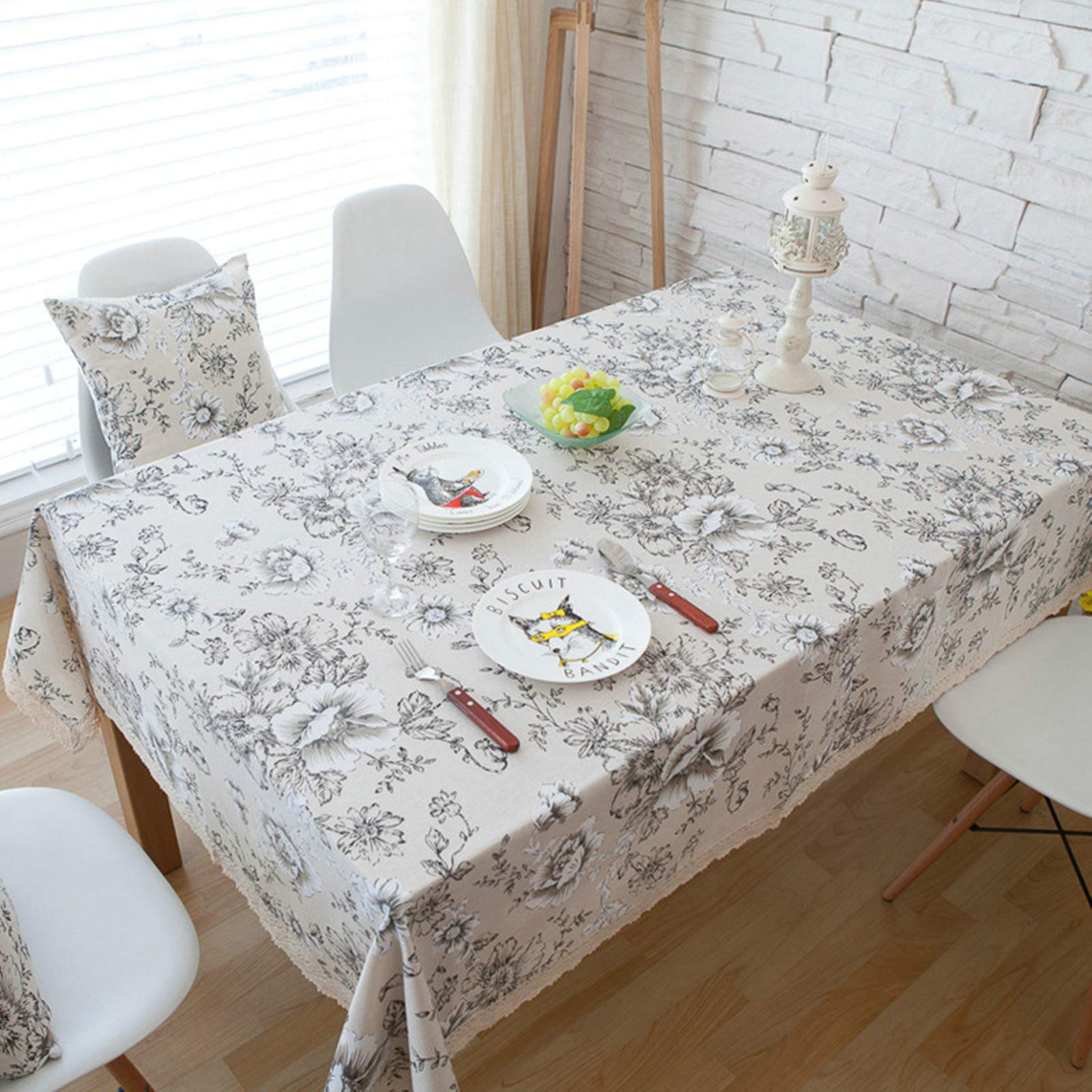 Nappe pivoine vintage en coton lin beige 140x250 cm pour table rectangulaire