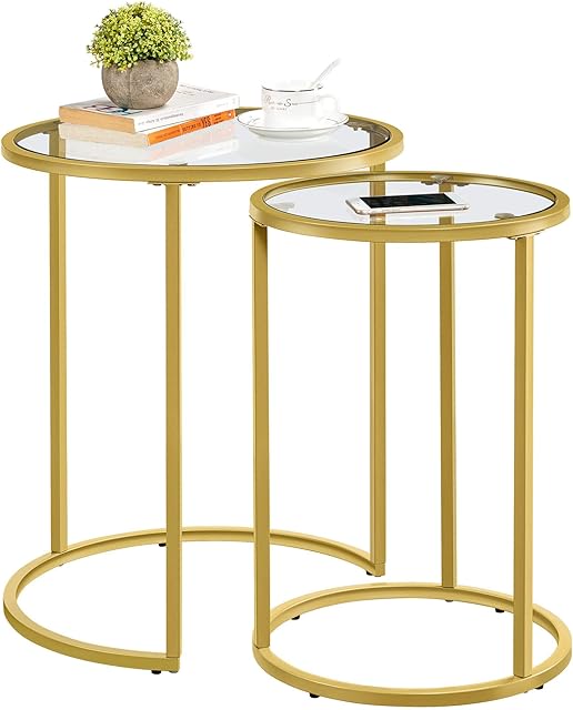 Yaheetech Round Nesting Coffee Tables Set of 2, Glass Top Side Table End Tables with Metal Frame for Living Room Bedroom Office, Gold