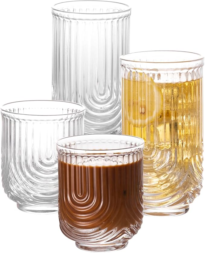 Cocktail Glasses with Ribbed Glassware Set of 4, Art Deco Ripple Vintage Glassware, 2 Highball Glasses & 2 Rocks Glasses, Elegant Iced Coffee Glasses, Glass Cups Ideal for Whiskey, Beer, Juice, Water