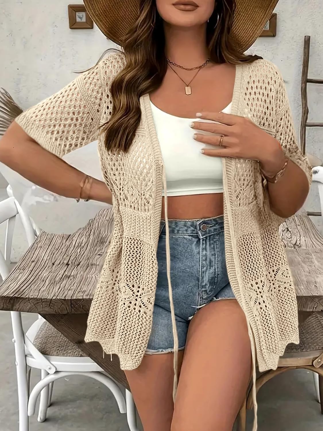 Women Plus Size Cardigan Lightweight Tie Front Crochet Short Sleeves V Neck Cardigan Sweater - Image 2