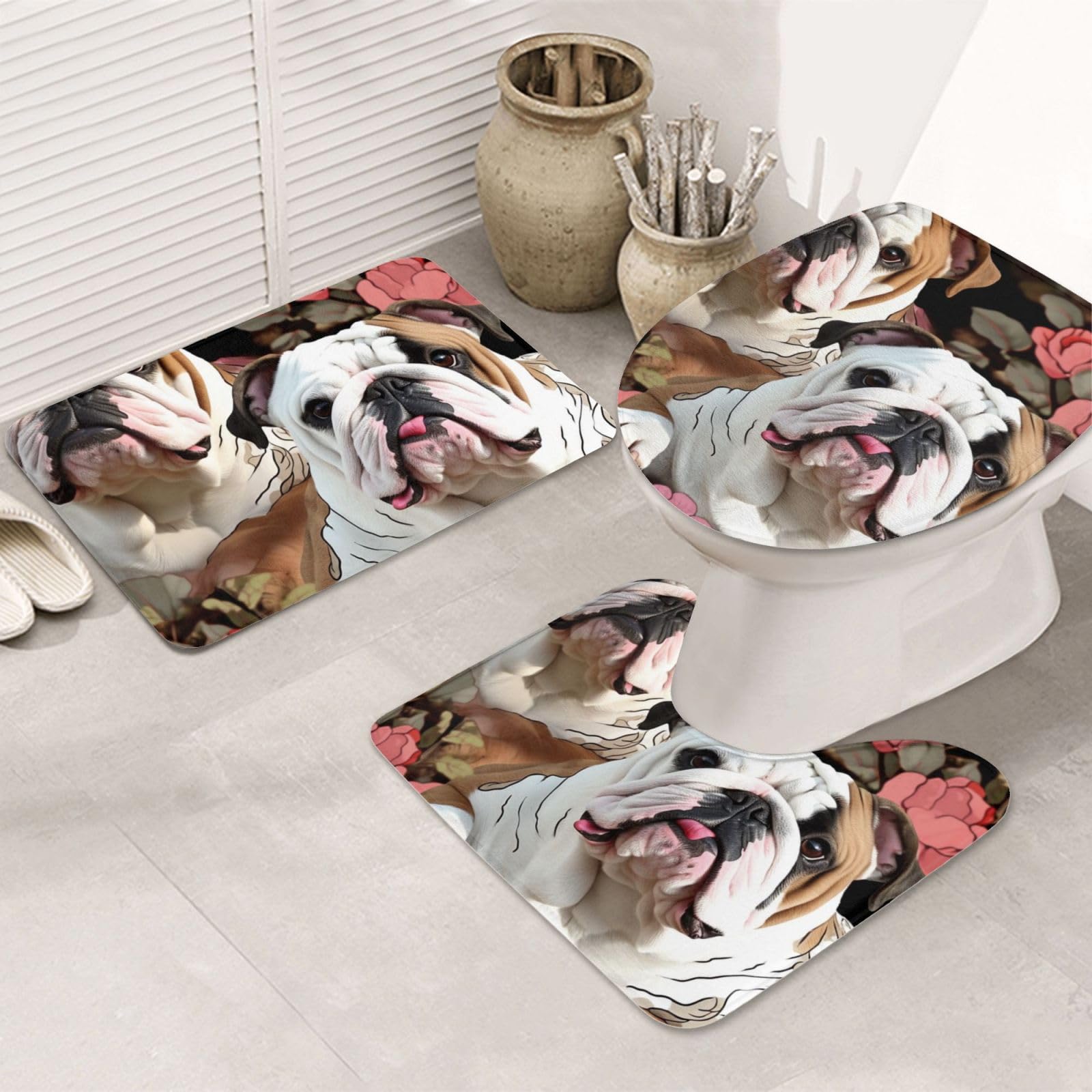 Tapis de bain antidérapant bouledogue lot de 3 en flanelle ultra absorbante pour WC et douche