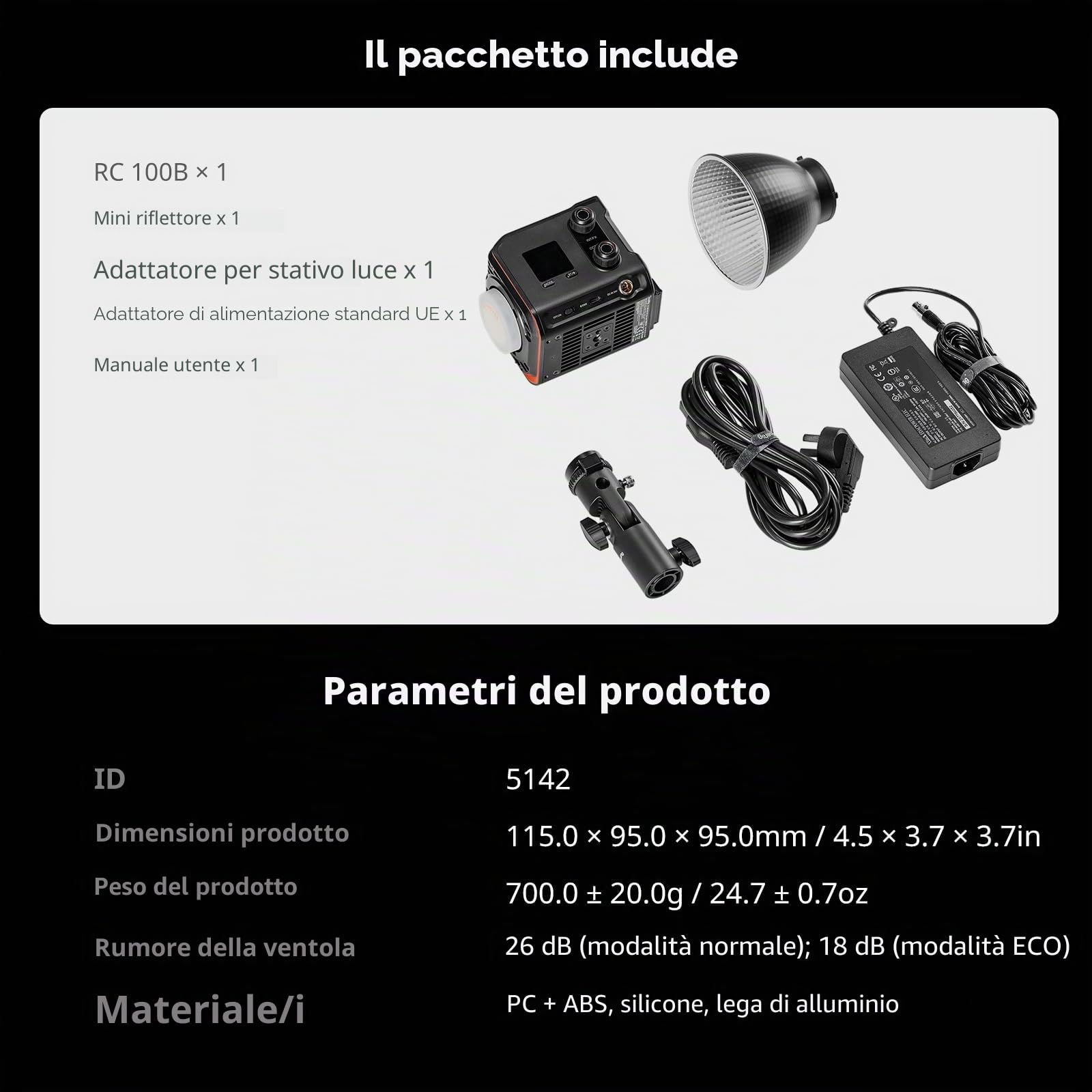 SMALLRIG RC 100B COB - Luce video portatile, 2700-6500 K, 100 W, 20100 Lux, controllo app, High CRI 97+ Spotlight per fotografia e video, versione Pro - 5142