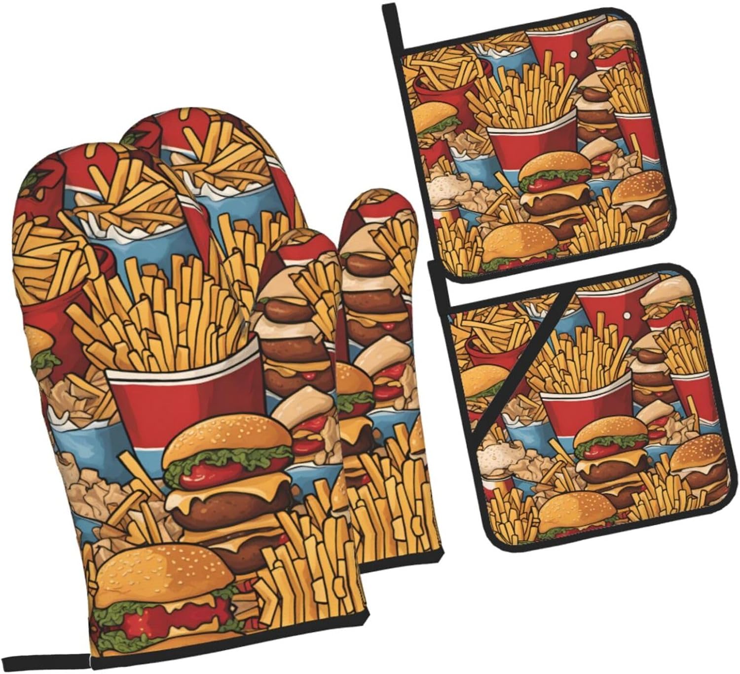 Lots of Cute Fries Printed Oven Mitts + Potholders 4-Piece Set - Great for BBQ Party Cooking