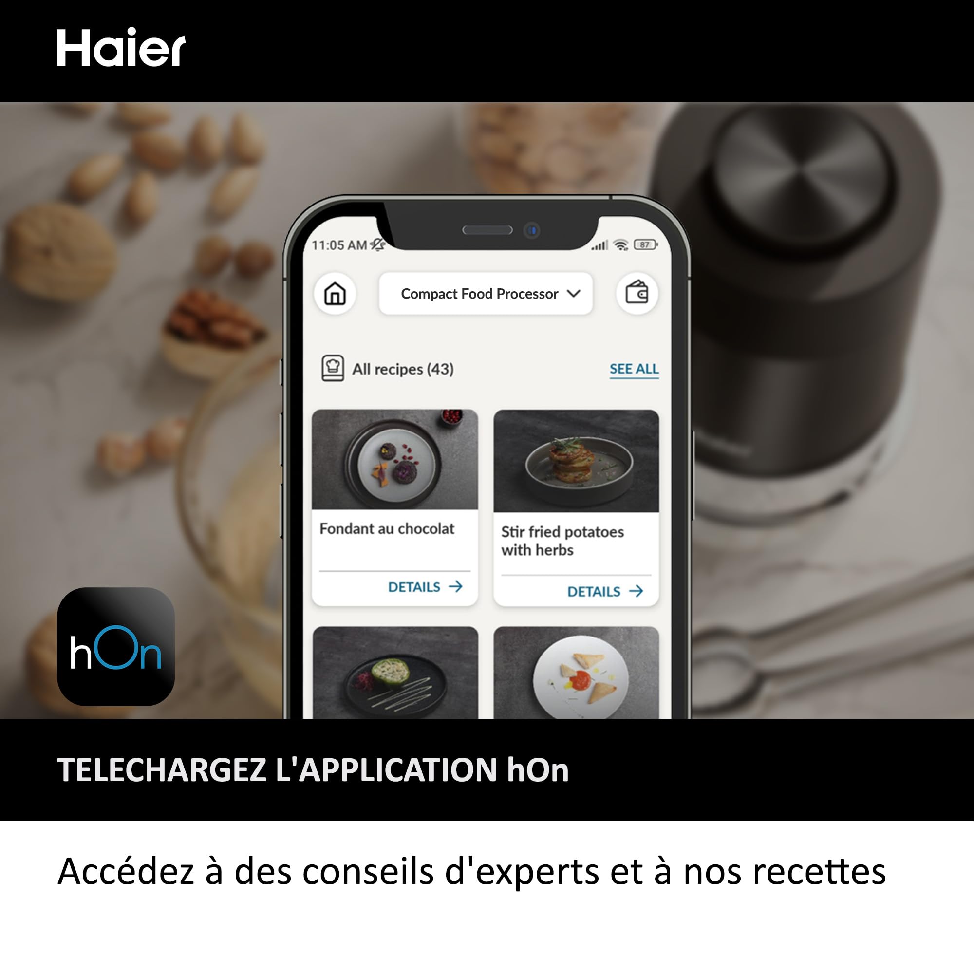 Haier I-Master Series 5 Mini-Hachoir, Puissant 550W, 2 Vitesses, Hachoir de Légumes, Base Antidérapante, Bol en Verre de 0,5L [Noir]