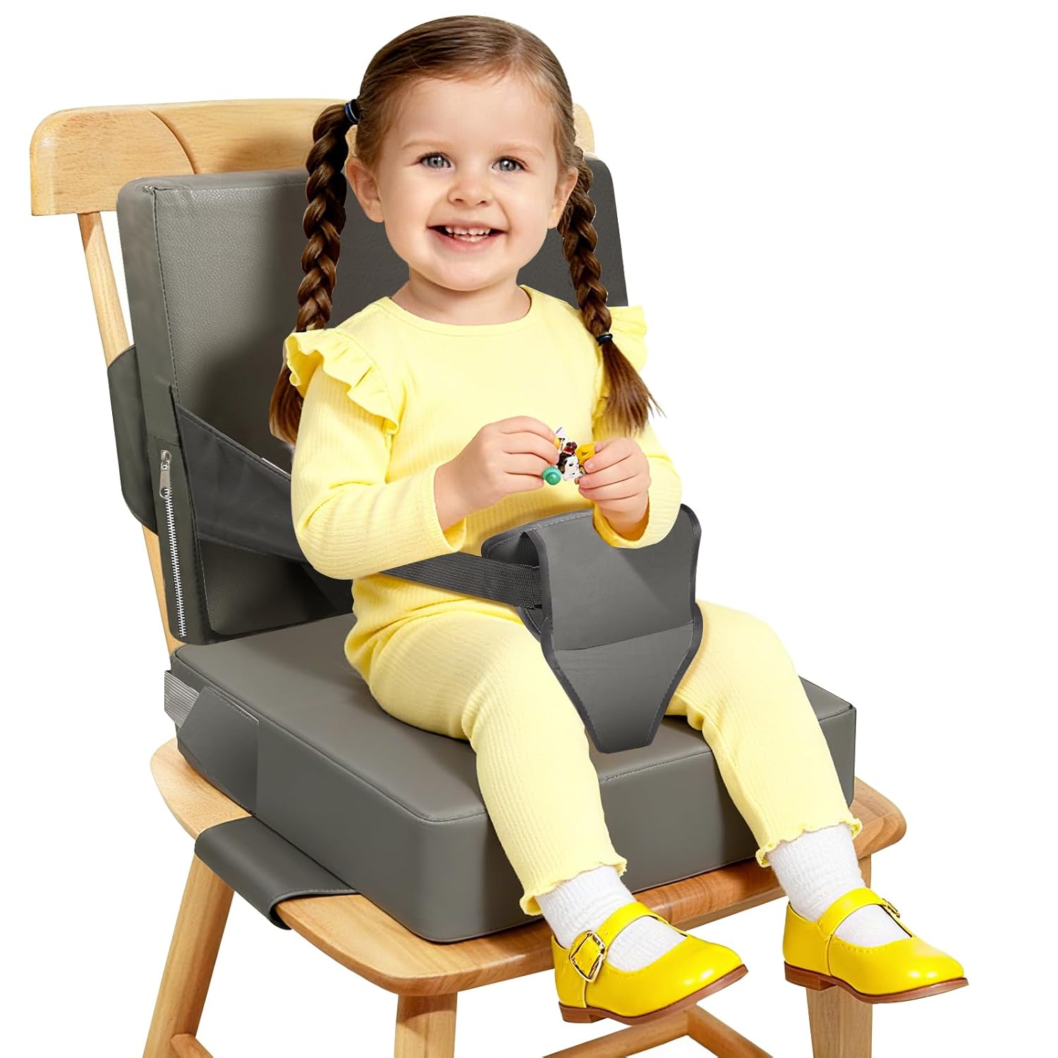 Toddler Booster Seat for Kitchen Chair - Portable PU Waterproof Dining Table Booster Cushion with Backrest and Adjustable Straps, Safe Toddler Seat for Table Eating (Fits Most Chairs)