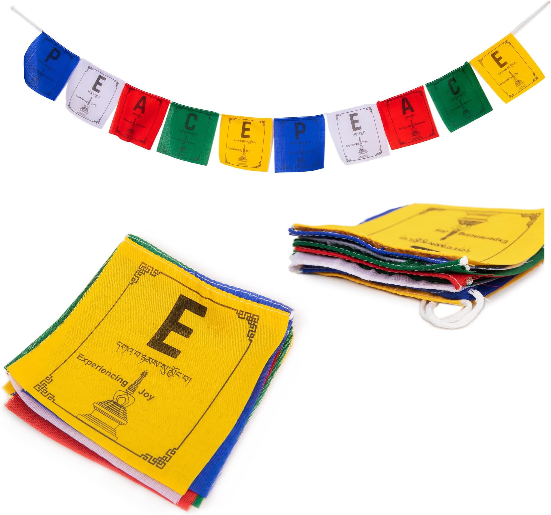 HIMALAYAN BAZAAR Tibetan Prayer Flags - PEACE Theamed Outdoor Decoration, Handmade in Nepal Wind Prayer Flags with Auspicious Colors