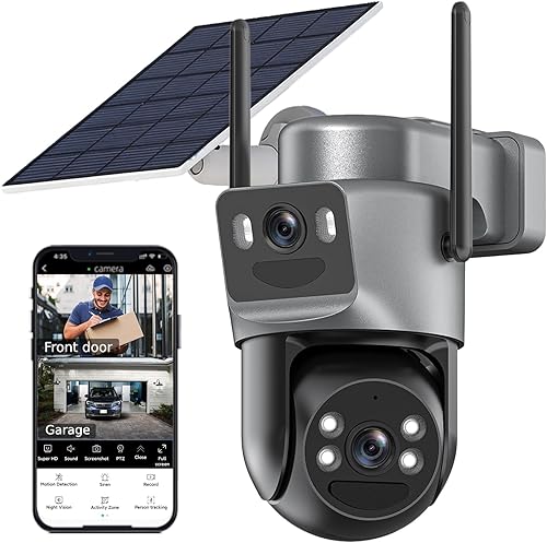 Cámaras de seguridad solar de doble lente inalámbricas para exteriores, WiFi 6 5G/2.4G, vista de 360° panorámica/inclinación, cámara de seguridad