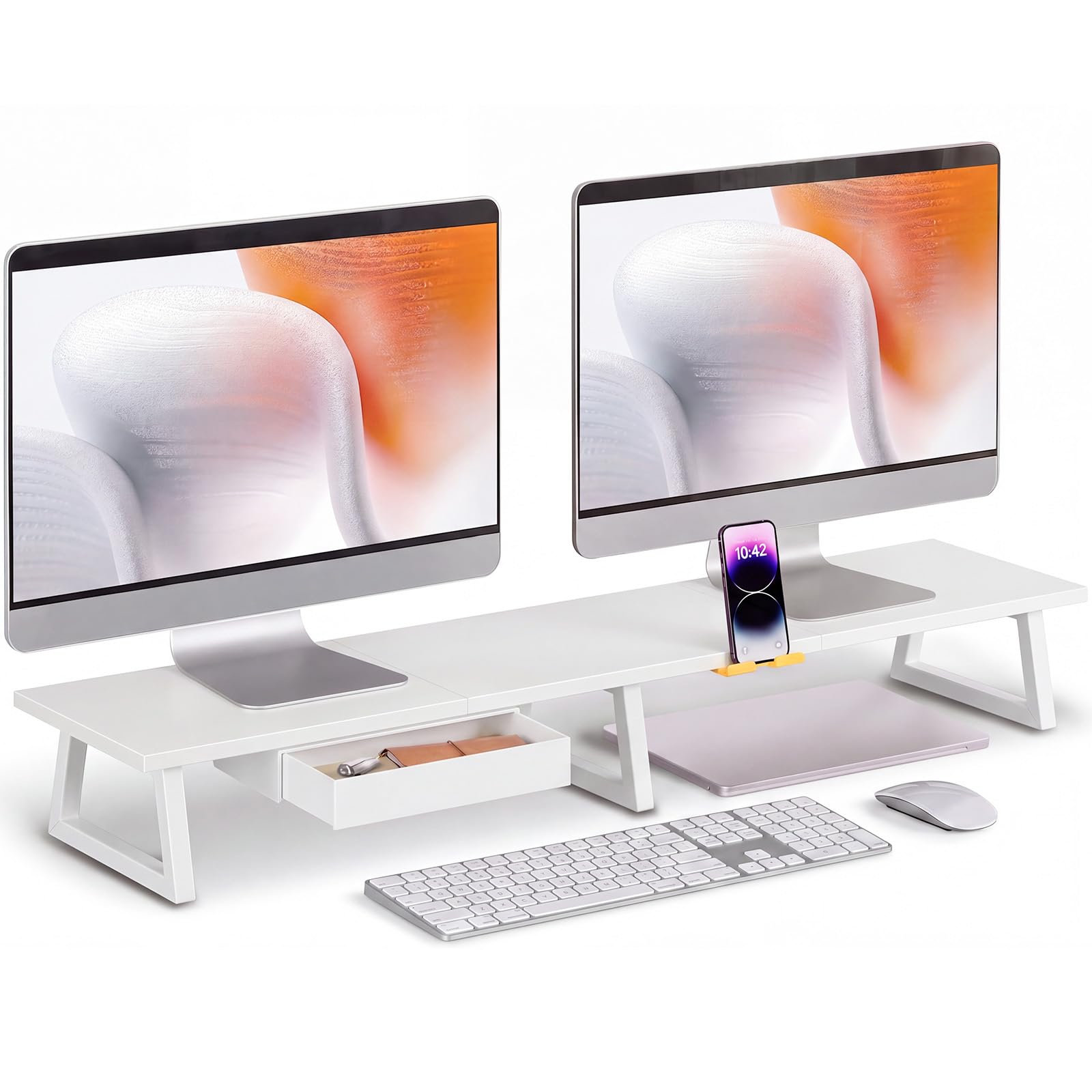 TEAMIX 42 inch Dual Monitor Stand Riser with Storage Drawer for Desk, White