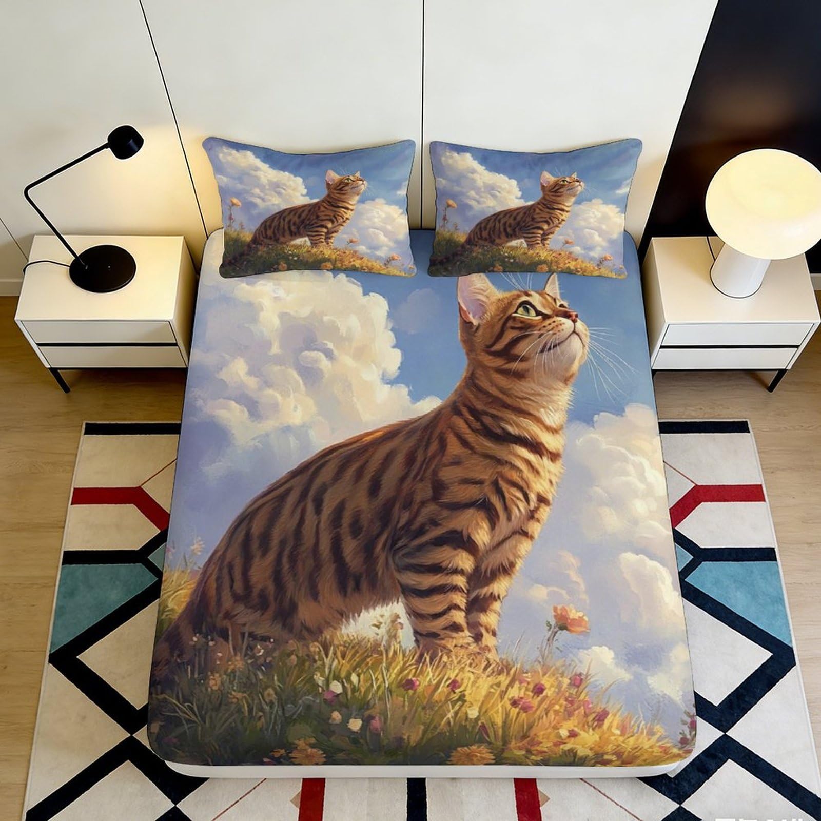 3D Printed Tabby Cat Meadow Fitted Sheet Microfiber Soft Breathable Cloud Sky Mattress Cover for Bedroom Dorm 200x200x25cm