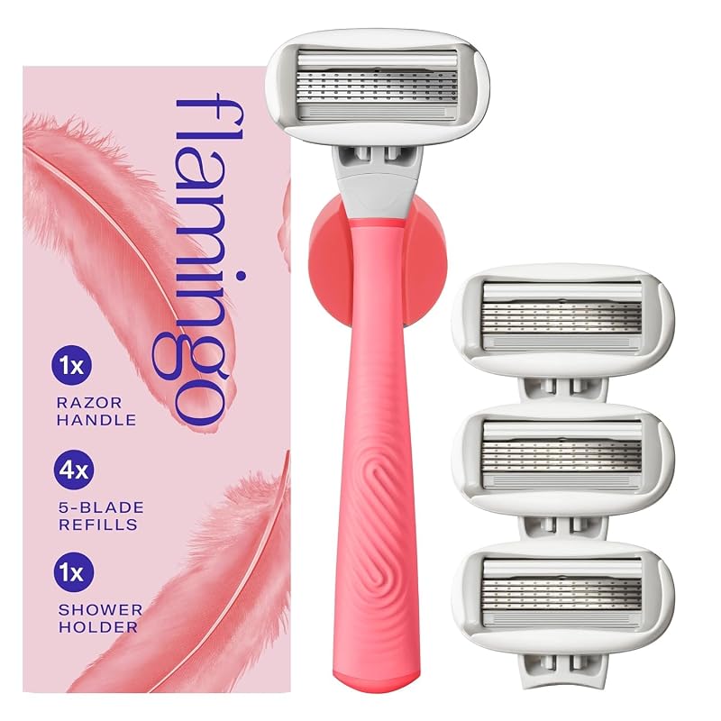Flamingo Sistema de Barbear com 1 cabo, 4 refis e suporte para banho