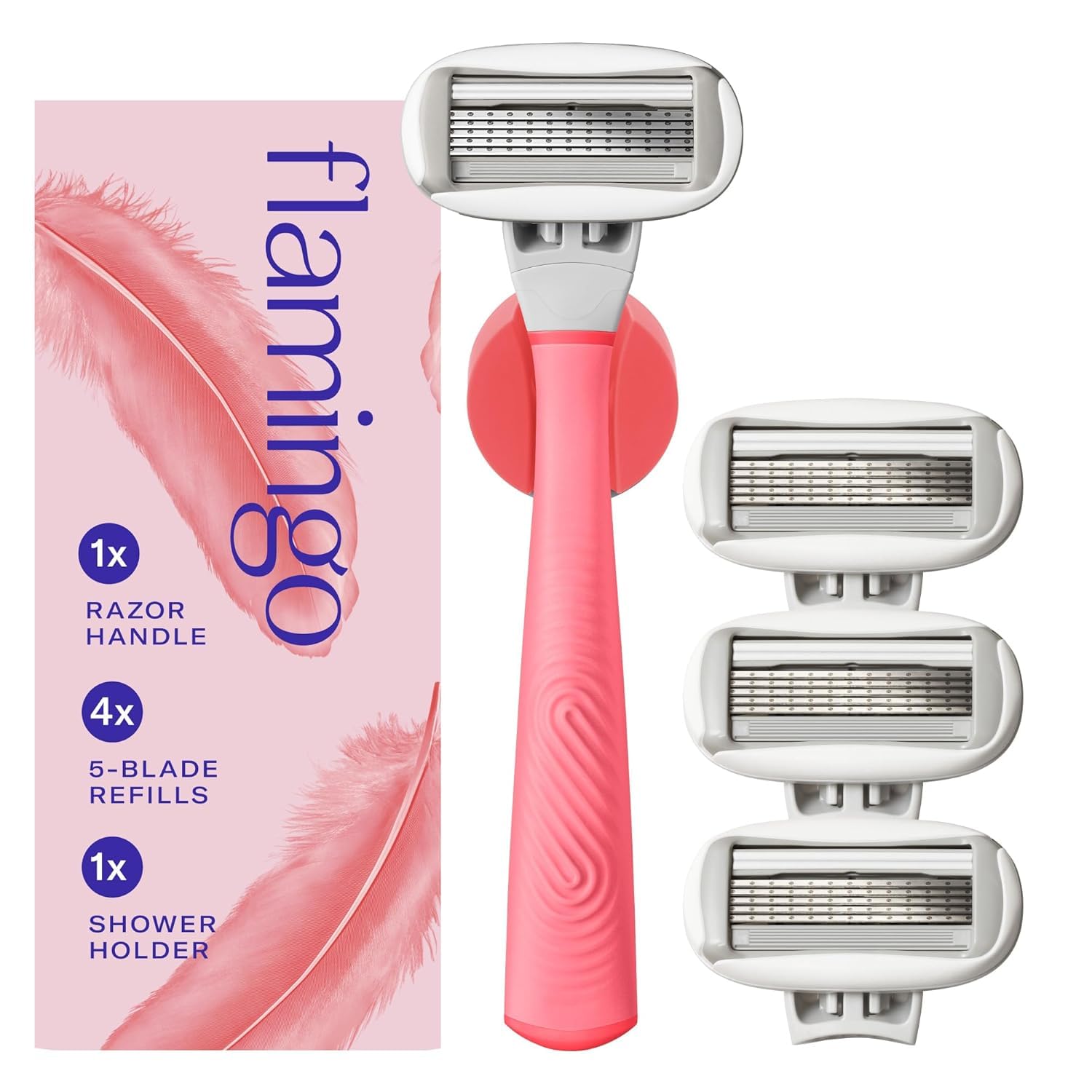 Photo 1 of Flamingo Shaving Razor Set for Women - Original Razor Handle, 4 Blade Refills, and Shower Holder - Pink