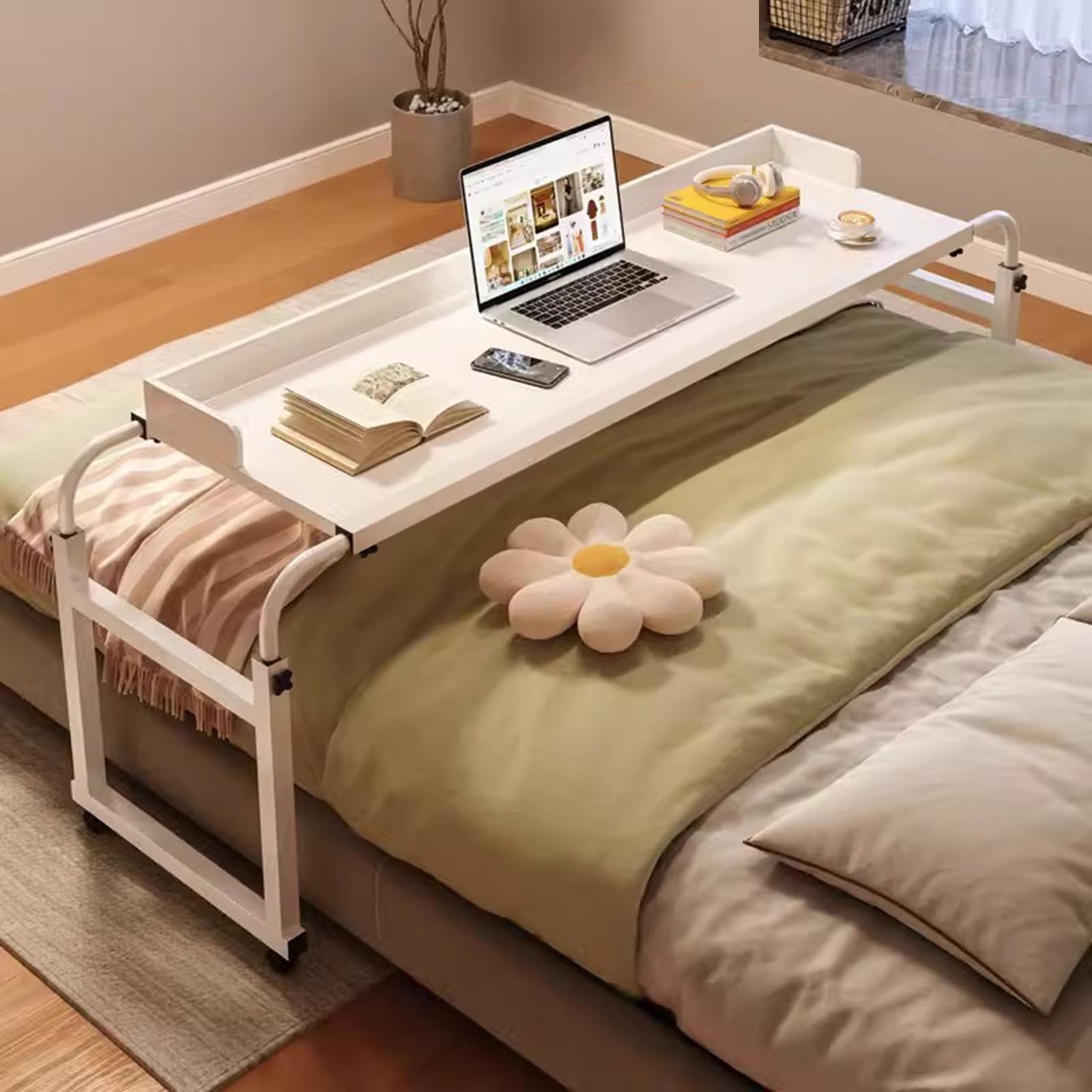 Table De Lit avec roulettes,Bureau De Chevet Mobile pour Ordinateur Portable Bureau RéGlable en Hauteur Et en Longueur De Nourriture Table MéDicale Roulante pour(Color:Blanc)