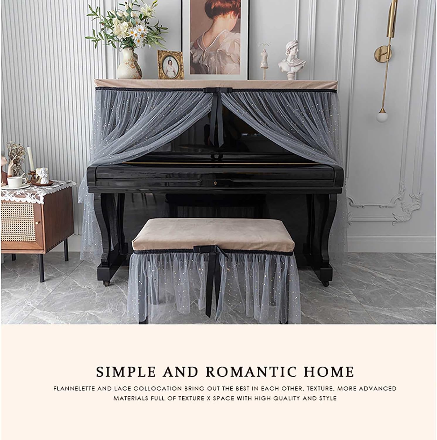 Upright Piano Cover Full Cover Modern Minimalist Piano Stool Cover Light Luxury Lace Piano Cover Full Cover with Stool Cover image 4