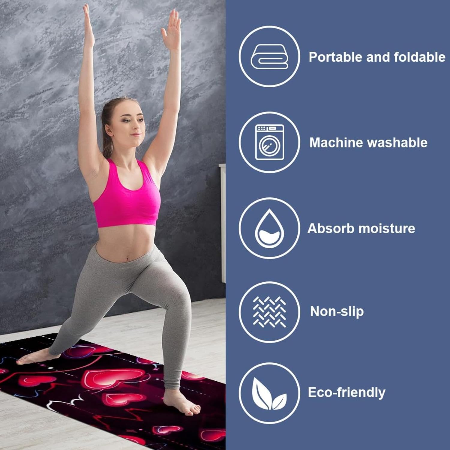 Yoga Towel, Love Heart Pattern Non Slip Sweat Absorbent Hot Yoga Mat Towel for Hot Yoga, Pilates and Fitness - 72.8" x 26.8"