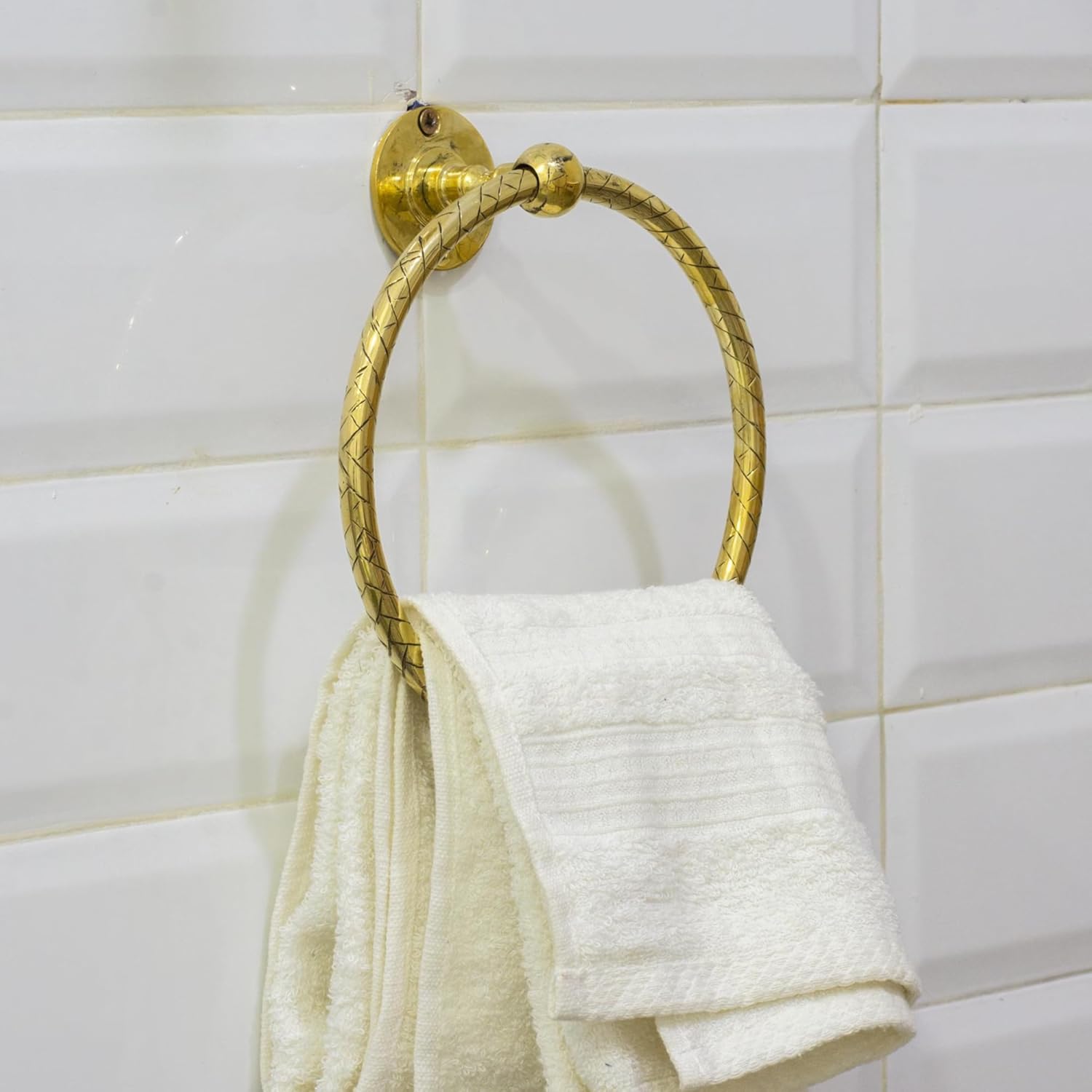 Unlacquered Golden Brass Towel Ring – 6 Inch Handcrafted Wall-Mounted Towel Holder for Bathroom & Kitchen, Vintage Hand Etched Towel Ring