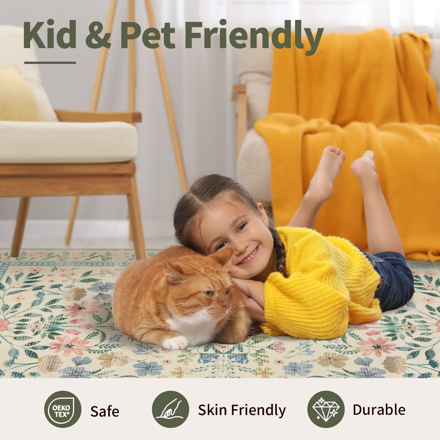 Floral Rug for Living Room Bedroom, 5x7 Washable Rug, Green Vintage Boho Area Rug, Large Non Slip Low Pile Wool Carpet for Indoor Dining Room,Girls Room,Nursery Room and Kids Room(Green 5x7ft) - Image 7