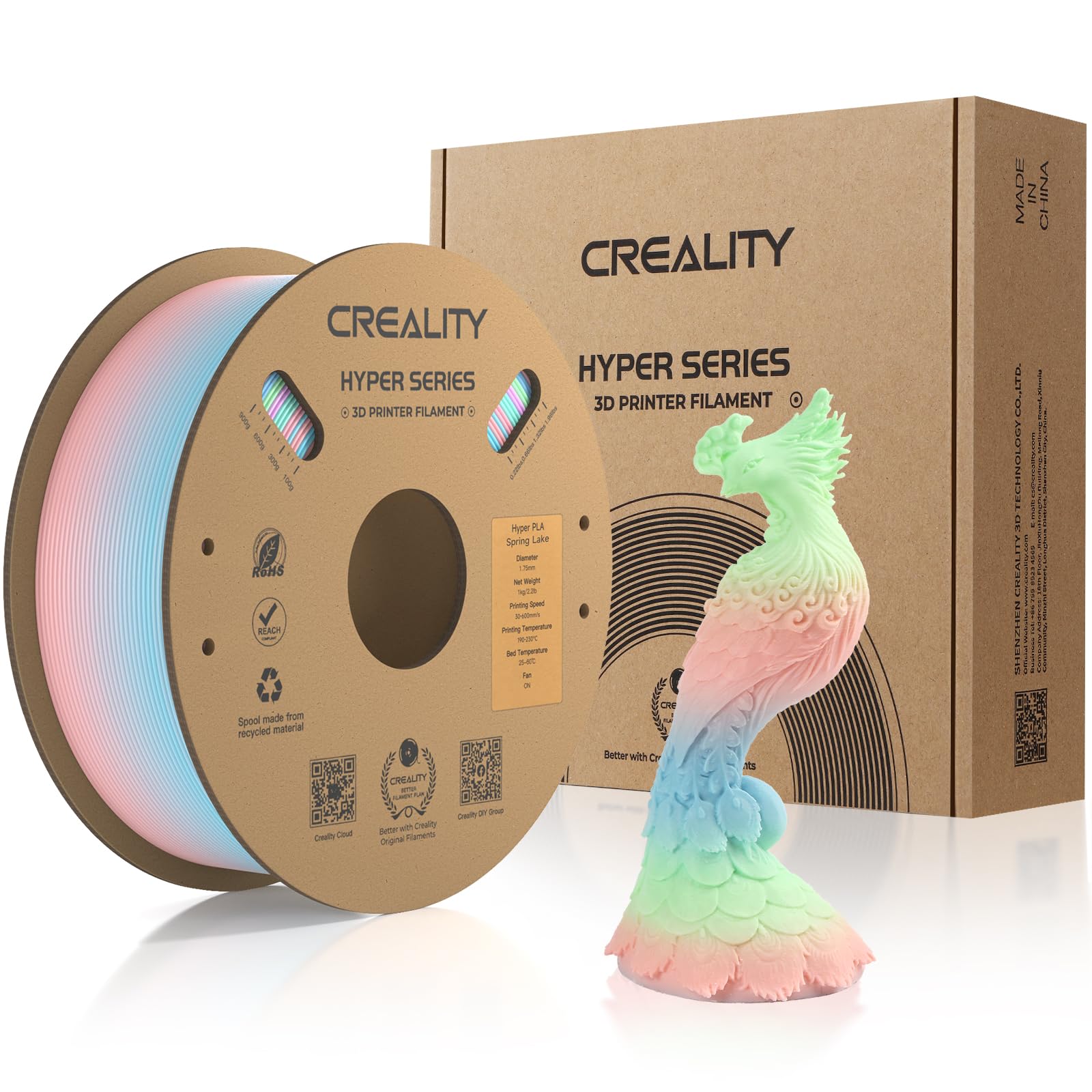 Creality Official Hyper PLA Filament Arcobaleno 1KG, Filamento per Stampanti 3D per la Stampa ad Alta Velocità, Durevole e Resistente, Liscio, Prestazioni a Sbalzo Precisione Dimensionale +/-0,03mm