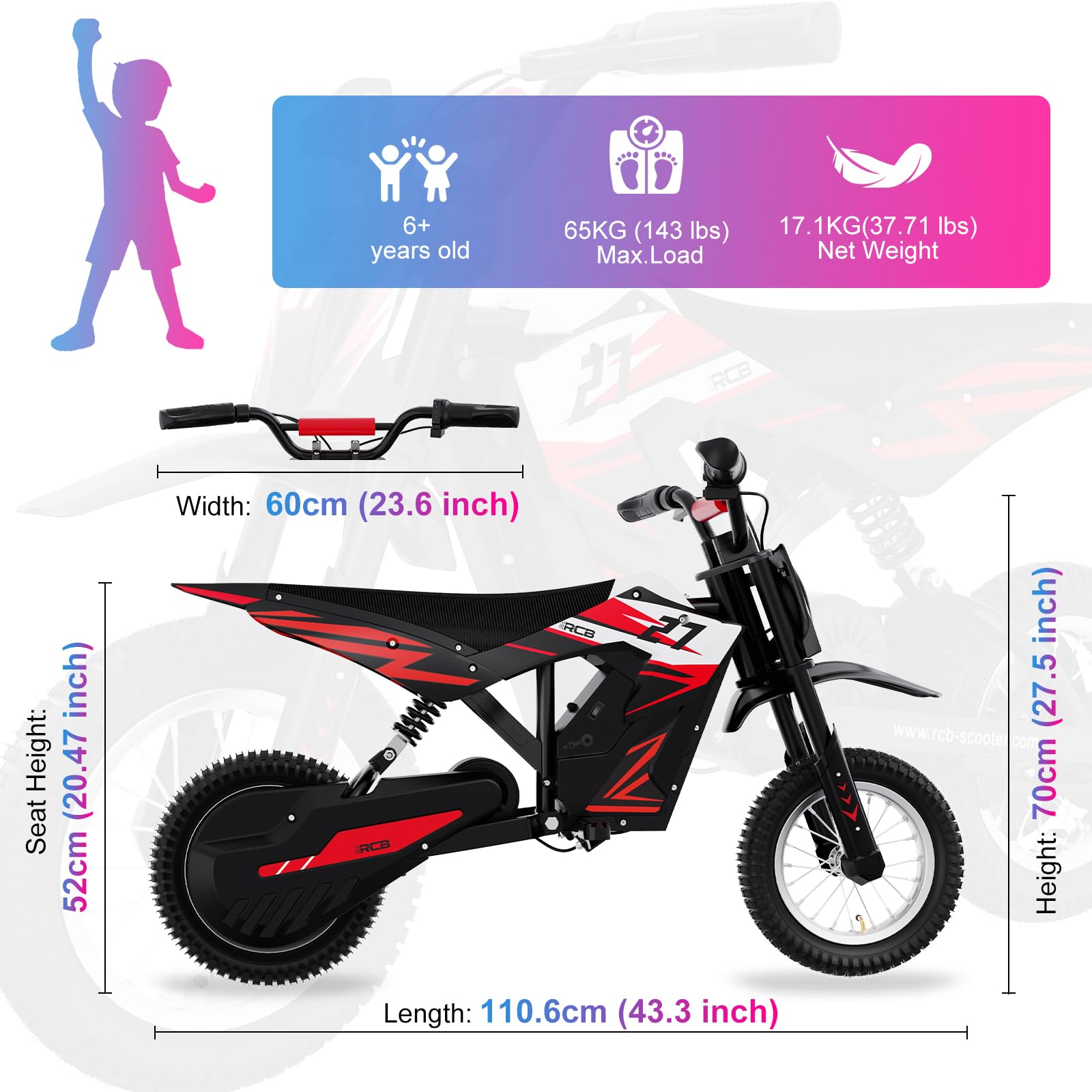 RCB Dziecięce motocykle elektryczne, opony pneumatyczne 12 cali, silnik o wysokiej wydajności, 3 tryby8/12/25KMH, maks. autonomia 15 KM, rower motocyklowy krzyż dla dzieci w wieku 3-12 lat