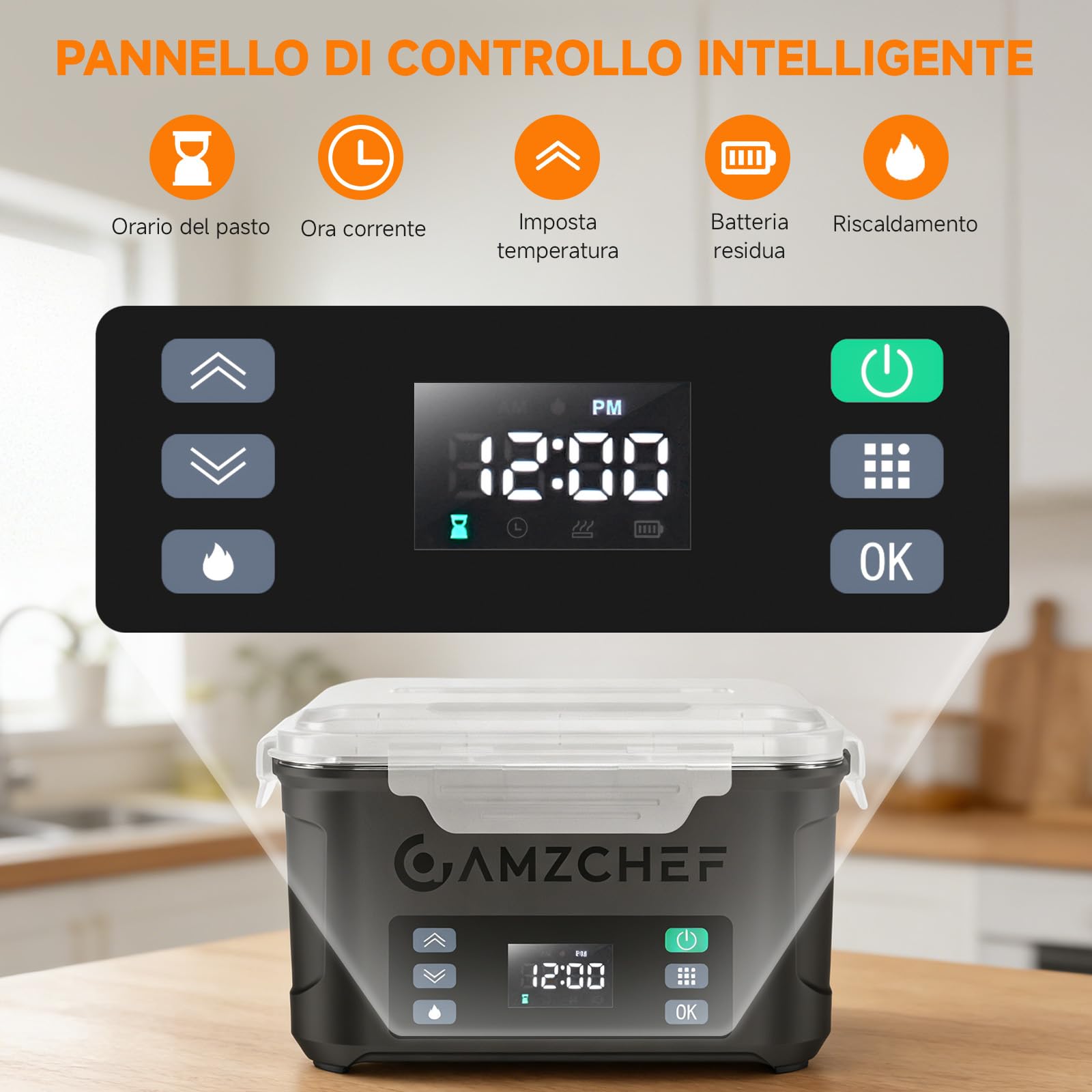 AMZCHEF Scaldavivande elettrico portatile 1,5 L con batteria 27000 mAh, riscaldamento su cinque lati, funzione di riscaldamento istantaneo, con timer e funzione di memoria, ricarica rapida (nero)