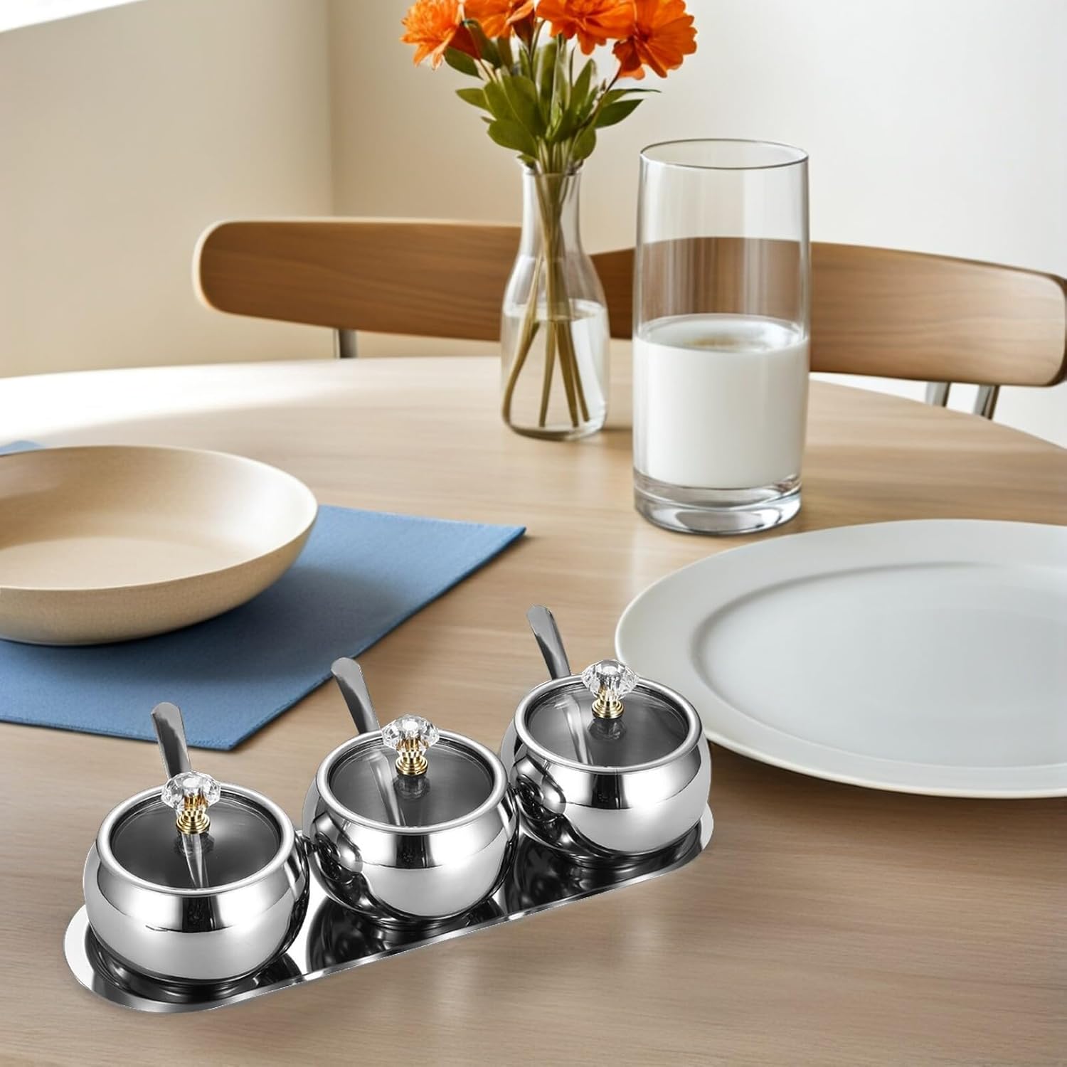 Stainless Steel Condiment Jars with Lid and Spoon Set, Sugar and Salt Seasoning Containers with Tray for Kitchen Counter, Sturdy Cooking Spice Canisters for Home Use