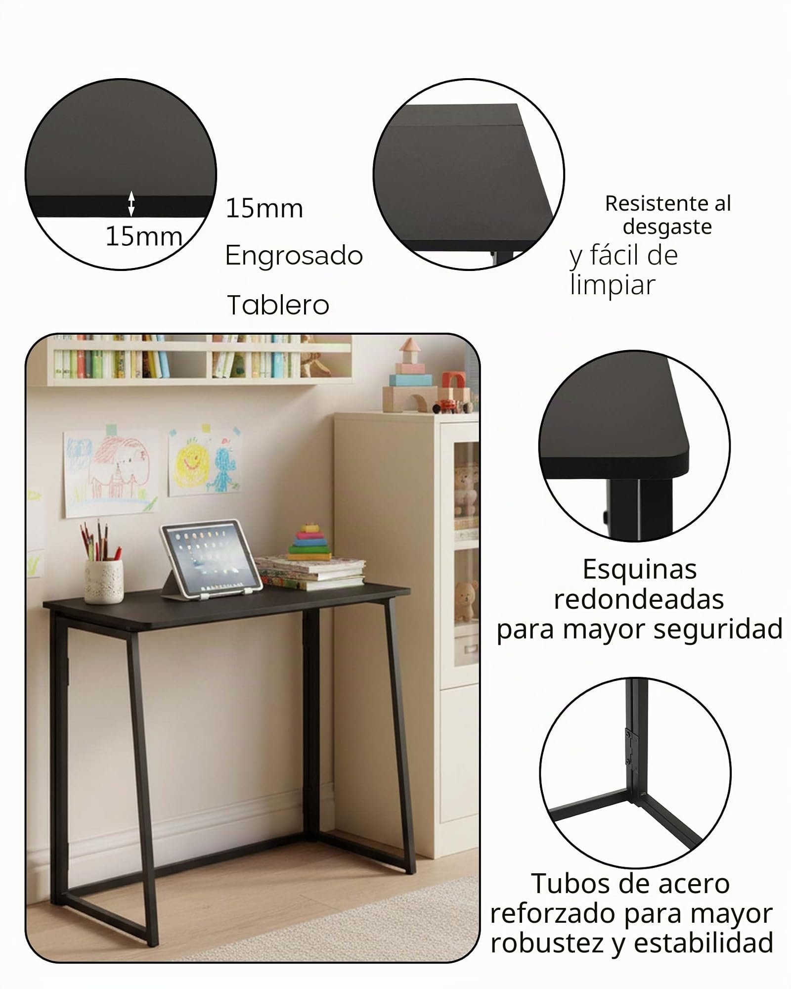 Escritorio plegable 80x40x74cm para ordenador, mesa plegable pequeña para PC, mesa plegable pequeña para oficina, salón, dormitorio, escritorio plegable moderno, mesa de estudio