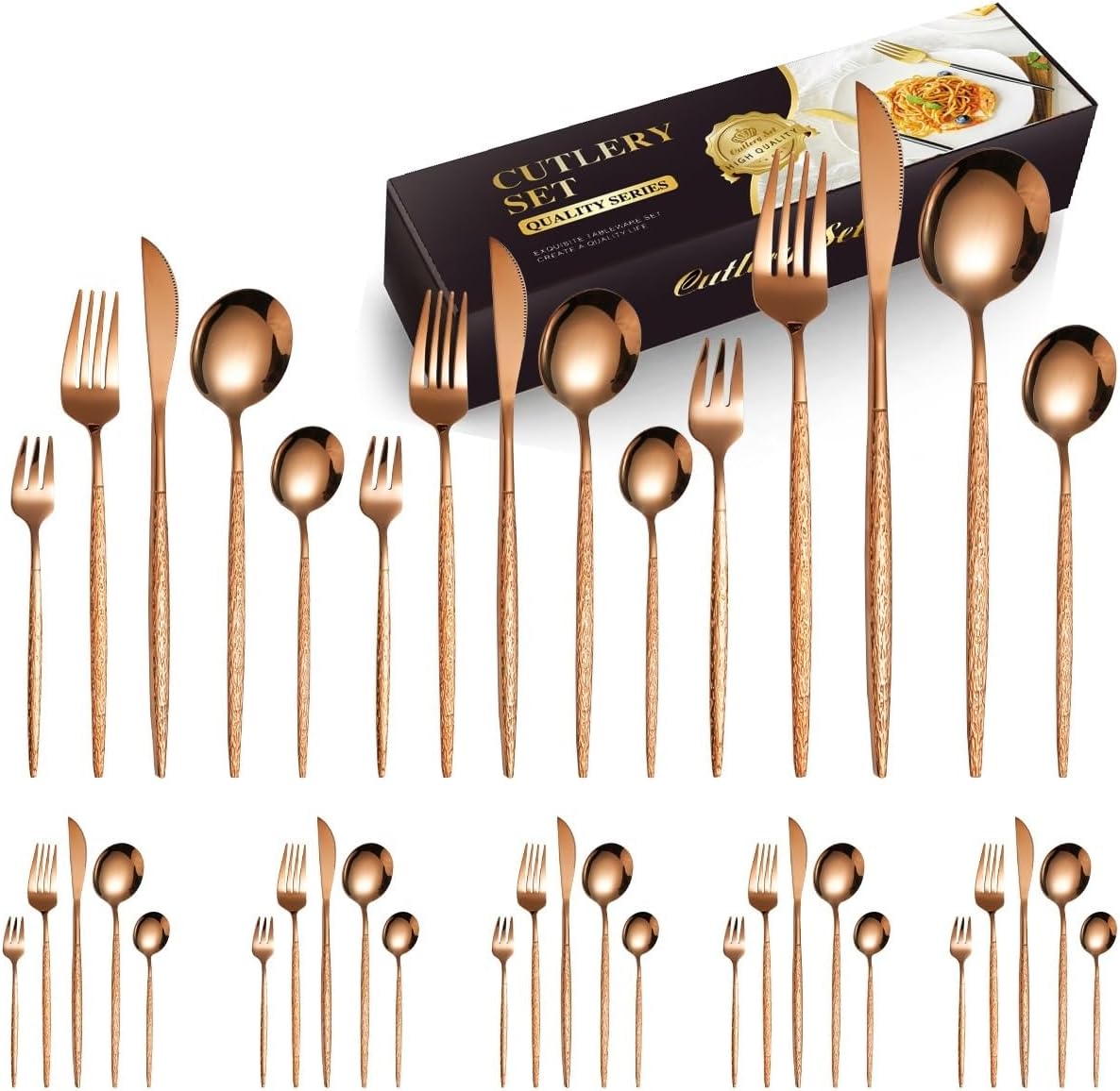 Silverware Flatware Set, 40-piece Hammered Portuguese Stainless Steel Tableware Hotel Cutlery, Forks, Spoons And Steak Knives Cutlery Set(Color:Rose Gold)